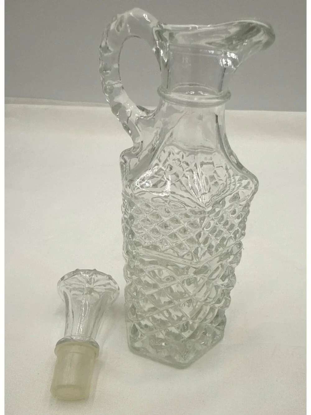 Vintage Glass Oil & Vinegar Cruet W/ Stopper Diamond Pattern Clear Glass